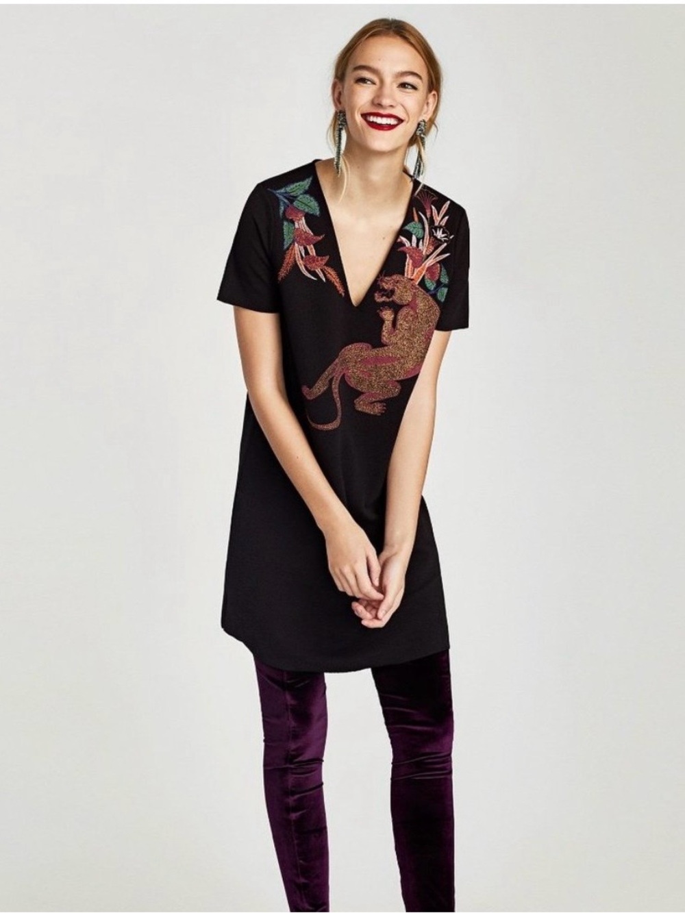 Embroidered Black V-Neck Tunic Top or Dress - Women's